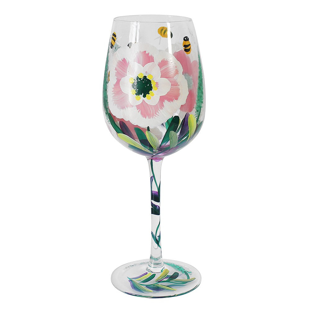 Peonies &amp; Bees Hand Painted Wine Glass