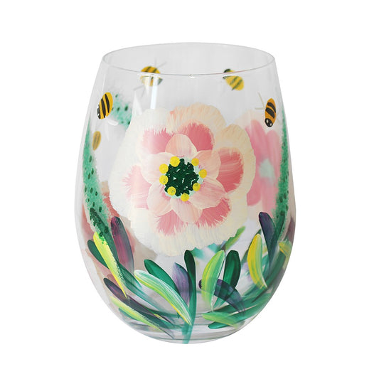 Peonies &amp; Bees Stemless Hand Painted Glass